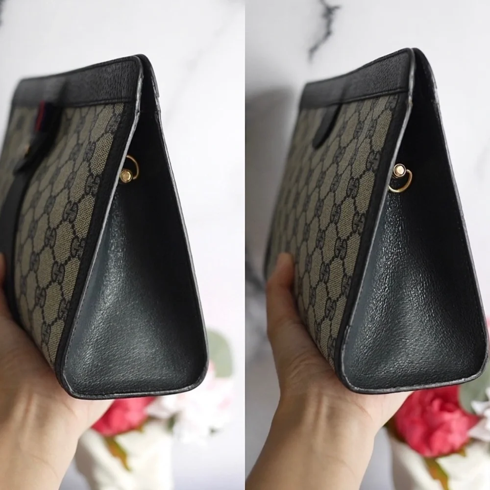 Gucci Beige Navy Monogram Canvas Leather Clutch